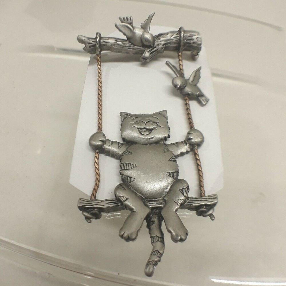 JJ Jonette Pewter Pin Brooch Swinging Cat and Birds on Branch 3"L x 1.5"W